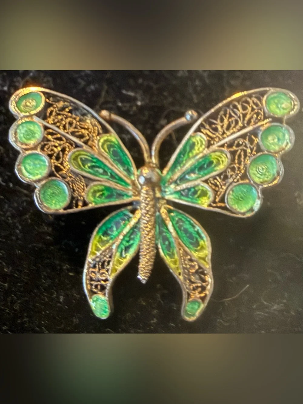 Vintage 800 Silver Green Plique-A-Jour Butterfly Brooch Pin